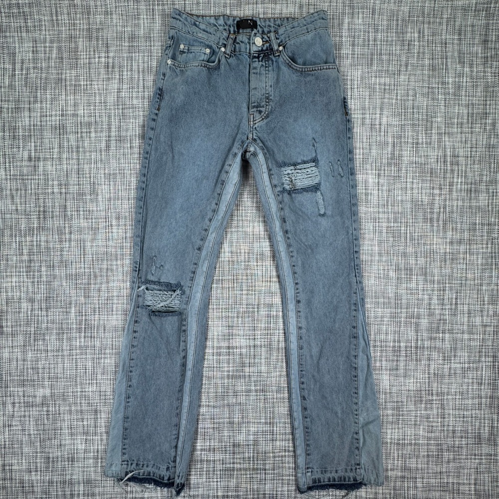 BoohooMAN Men's Jeans 28 Light Wash Distressed Ripped Straight Leg Raw Hem Y2K